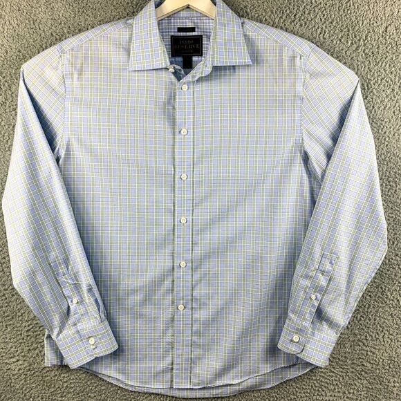 Jos‎ A Bank Shirt Men Large Blue Green Plaid Tailored Fit Business Casual Preppy - Picture 1 of 10